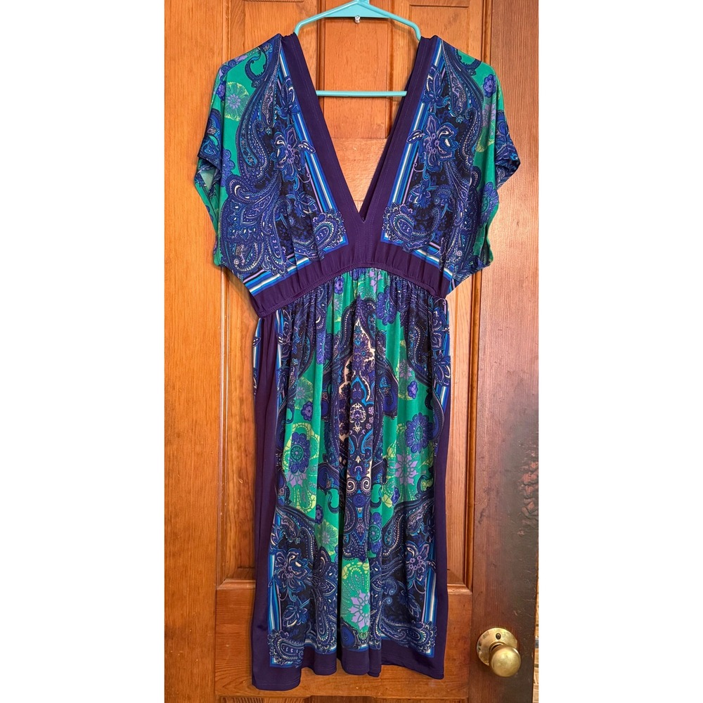 Bailey Blue Paisley V-Neck Empire Waist Dress Purple Teal Green Medium